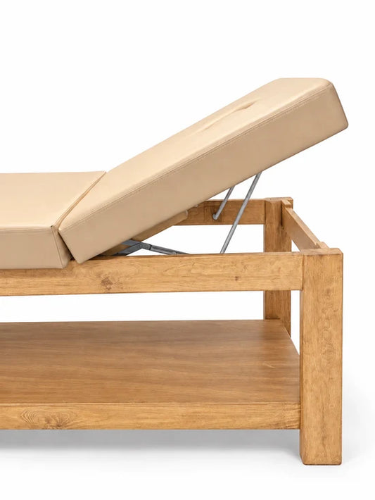 Cama para Terapia de Madera COLOR BEIGE con Respaldo Reclinable, 2 Entrepaños y Orificio Facial mesa camilla fisioterapia 190 x 61 x 80 cm