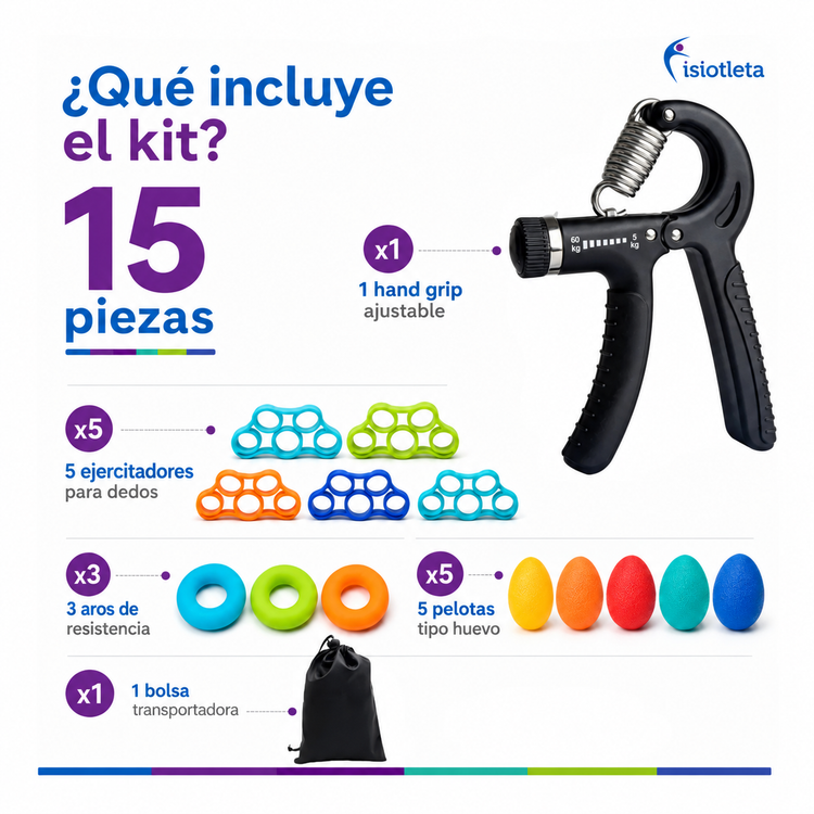 Kit 15 Piezas para Rehabilitación de Mano, Muñeca y Dedos