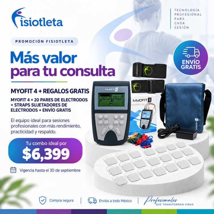 MYOFIT 4 con Regalos Gratis | Electroestimulador Portátil 4 Canales para Fisioterapia + 20 Electrodos + Straps Sujetadores + Envío Gratis
