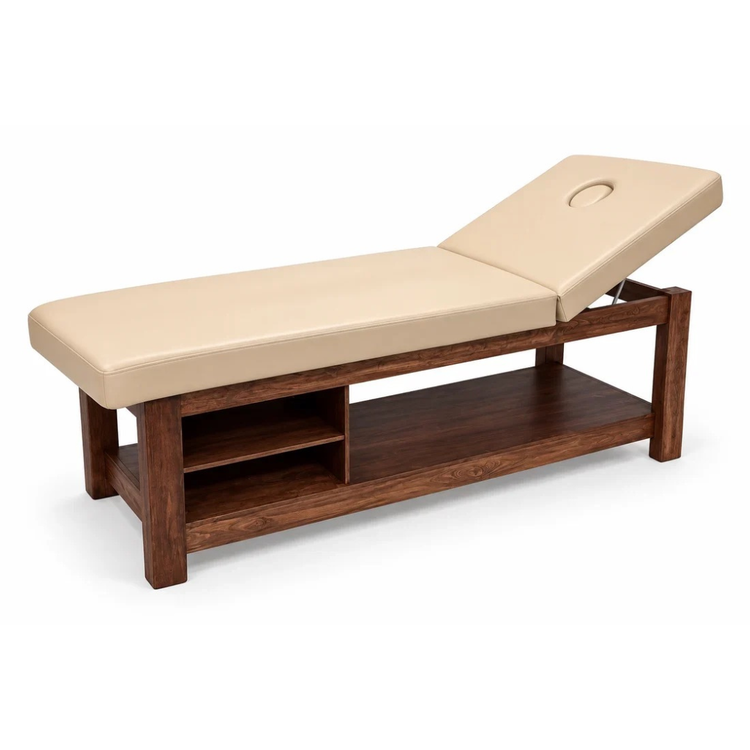Cama para Terapia de Madera BEIGE/NOGAL con Respaldo Reclinable, 2 Entrepaños y Orificio Facial mesa camilla fisioterapia | 190 x 61 x 80 cm
