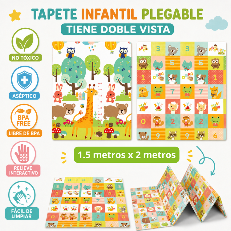 Tapete Infantil Plegable Doble Vista 150 × 200 cm con Relieve Interactivo, Acolchado, No Tóxico y Libre de BPA