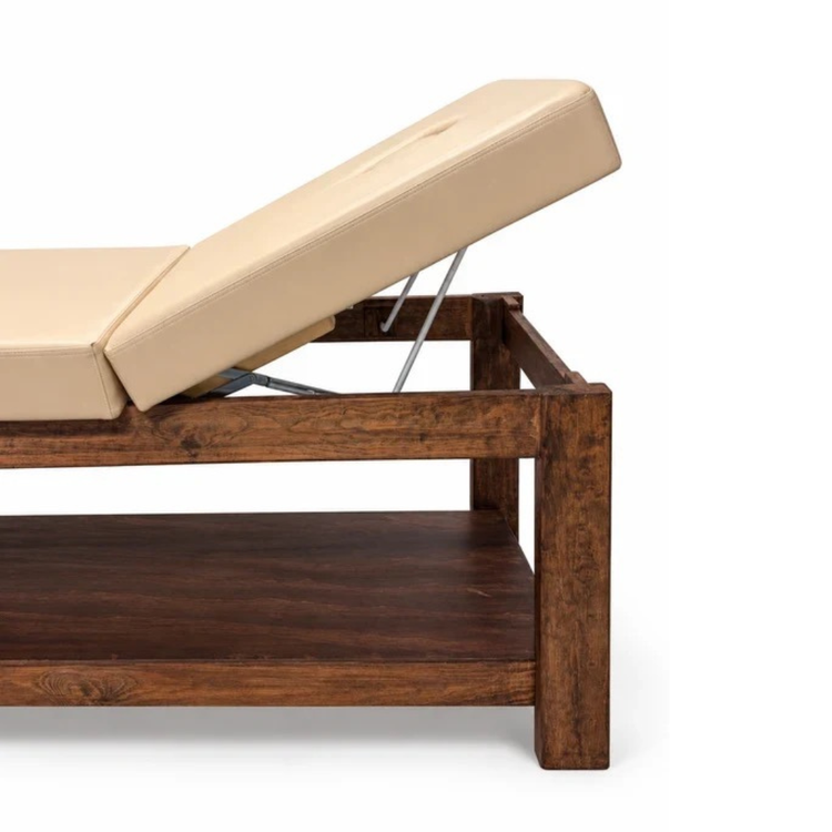 Cama para Terapia de Madera BEIGE/NOGAL con Respaldo Reclinable, 2 Entrepaños y Orificio Facial mesa camilla fisioterapia | 190 x 61 x 80 cm