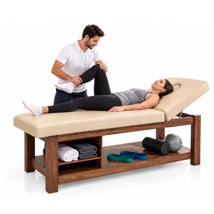 Cama para Terapia de Madera BEIGE/NOGAL con Respaldo Reclinable, 2 Entrepaños y Orificio Facial mesa camilla fisioterapia | 190 x 61 x 80 cm