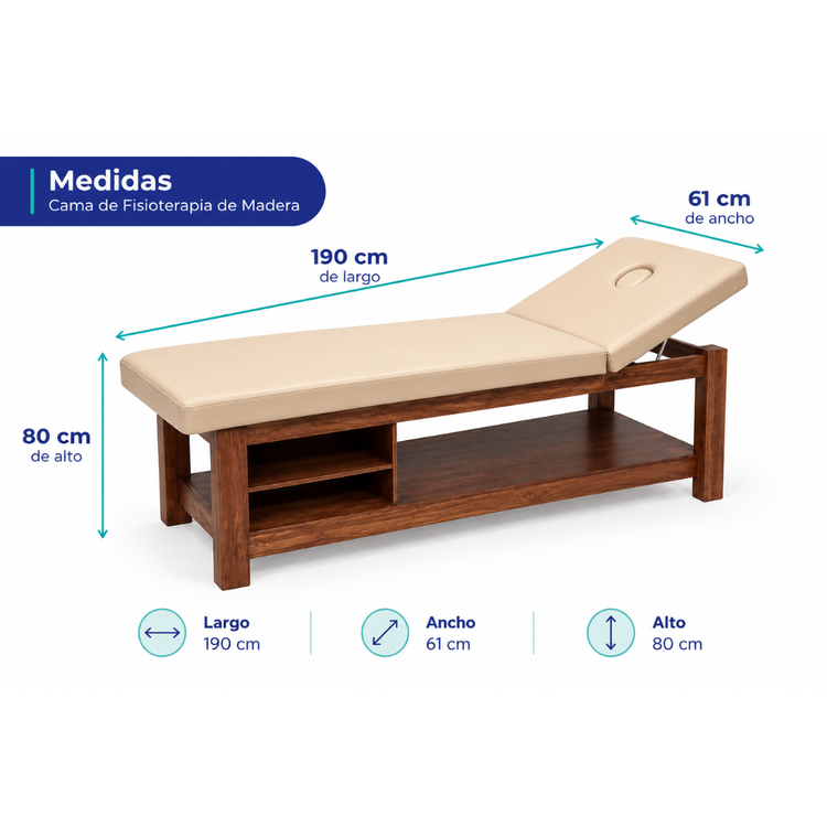 Cama para Terapia de Madera BEIGE/NOGAL con Respaldo Reclinable, 2 Entrepaños y Orificio Facial mesa camilla fisioterapia | 190 x 61 x 80 cm