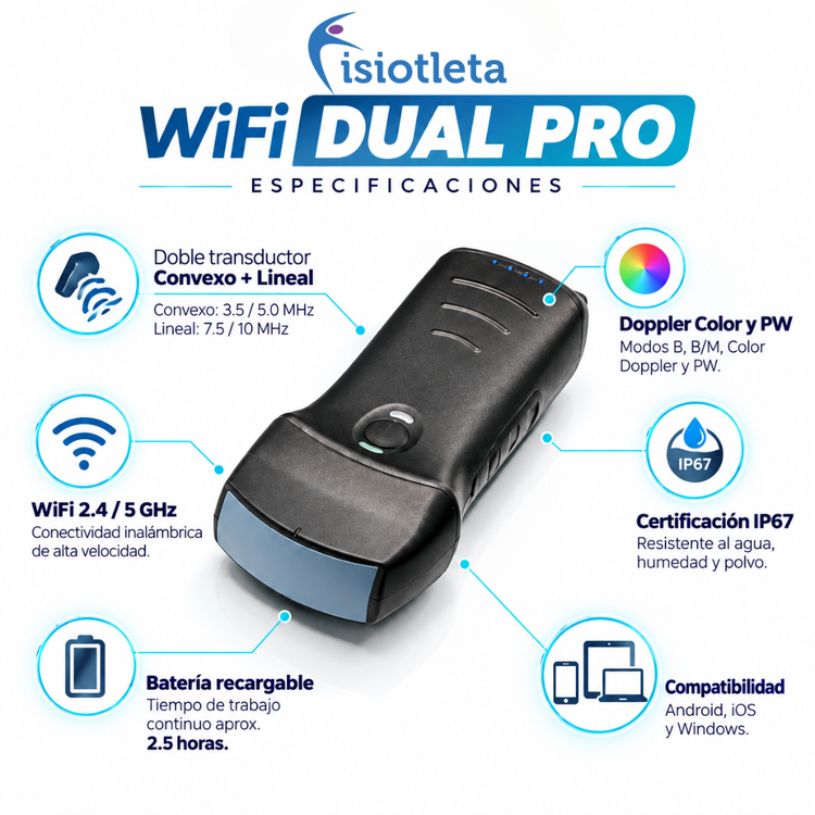 Ultrasonido Portátil WiFi Dual PRO 3 en 1  Doppler Color y PW Convexo y Lineal Inalámbrico