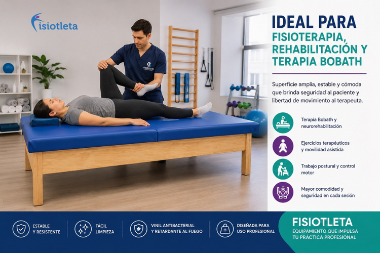 Cama Bobath fija disponible en color azul y negro para consultorios de fisioterapia profesional