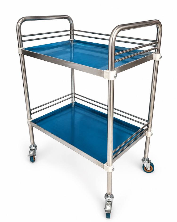 Mesa Pasteur Auxiliar para Consultorio de Acero Inoxidable con 2 Repisas, 4 Ruedas y 2 Frenos