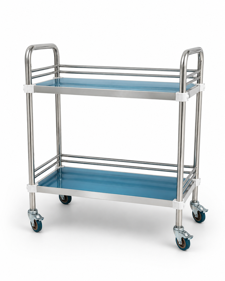 Mesa Pasteur Auxiliar para Consultorio de Acero Inoxidable con 2 Repisas, 4 Ruedas y 2 Frenos