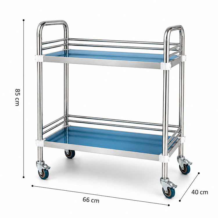 Mesa Pasteur Auxiliar para Consultorio de Acero Inoxidable con 2 Repisas, 4 Ruedas y 2 Frenos
