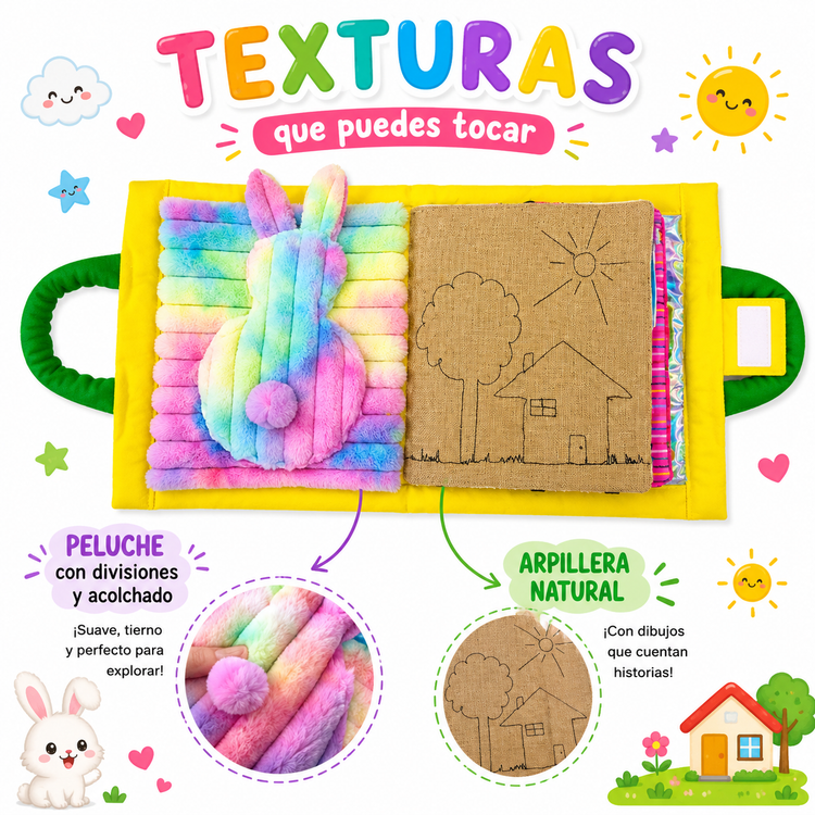 Libro Blando Sensorial Portafolio de Texturas con Figuras Portafolio con cuento Interactivo y Sensorial 💜📚✨