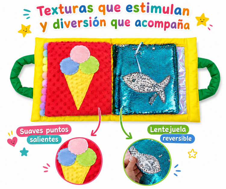 Libro Blando Sensorial Portafolio de Texturas con Figuras Portafolio con cuento Interactivo y Sensorial 💜📚✨