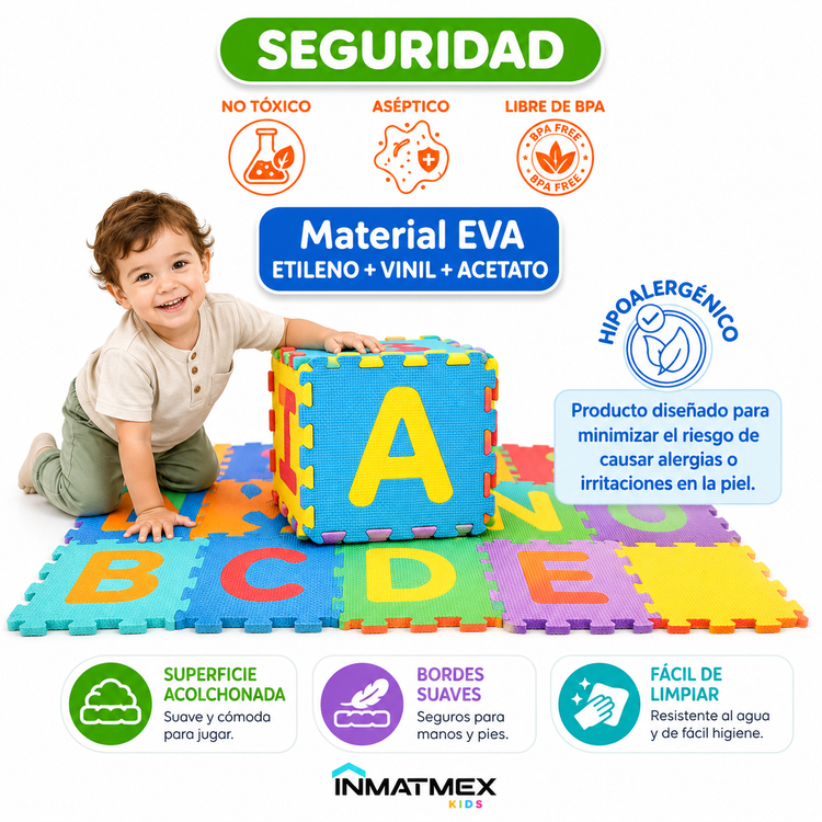 Tapete Infantil Didáctico de Foami EVA con Abecedario  26 Piezas Encastrables de 30 × 30 cm, Antideslizante y Acolchado