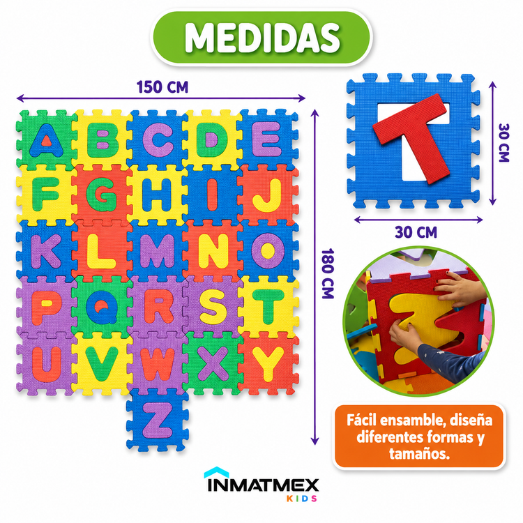 Tapete Infantil Didáctico de Foami EVA con Abecedario  26 Piezas Encastrables de 30 × 30 cm, Antideslizante y Acolchado