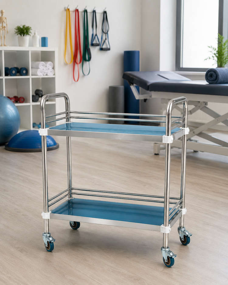 Mesa Pasteur Auxiliar para Consultorio de Acero Inoxidable con 2 Repisas, 4 Ruedas y 2 Frenos