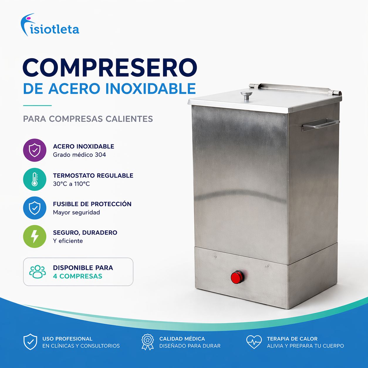 Compresero de acero inoxidable para fisioterapia con control de temperatura para compresas calientes