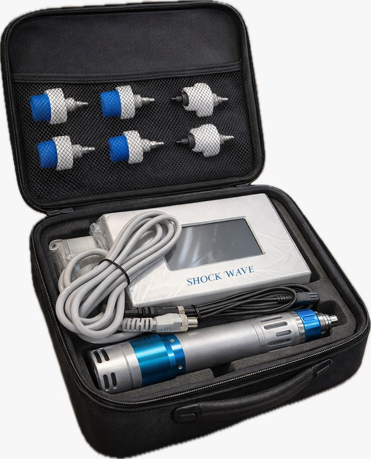 Equipo profesional de ondas de choque portátil 350W para fisioterapia con estuche y cabezales intercambiables