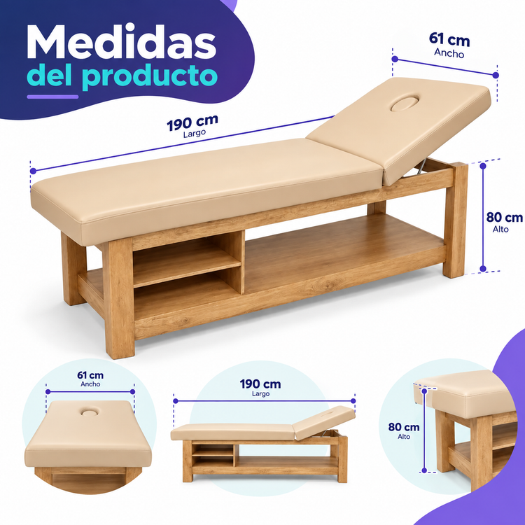 Cama para Terapia de Madera COLOR BEIGE con Respaldo Reclinable, 2 Entrepaños y Orificio Facial mesa camilla fisioterapia  190 x 61 x 80 cm