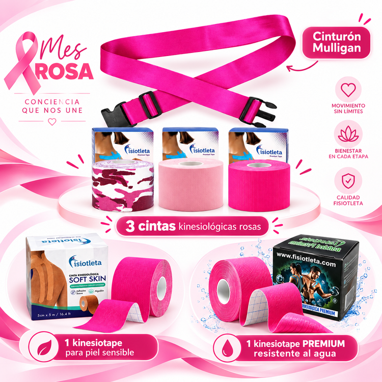 Kit Mes Rosa Fisiotleta Cinturón Mulligan + 5 Kinesiotapes Rosas de Recuperación y Rehabilitación