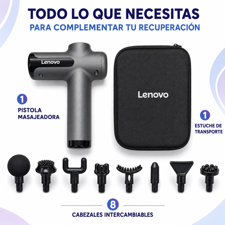 Pistola de Masaje Percutor Lenovo con 99 Niveles y 8 Cabezales