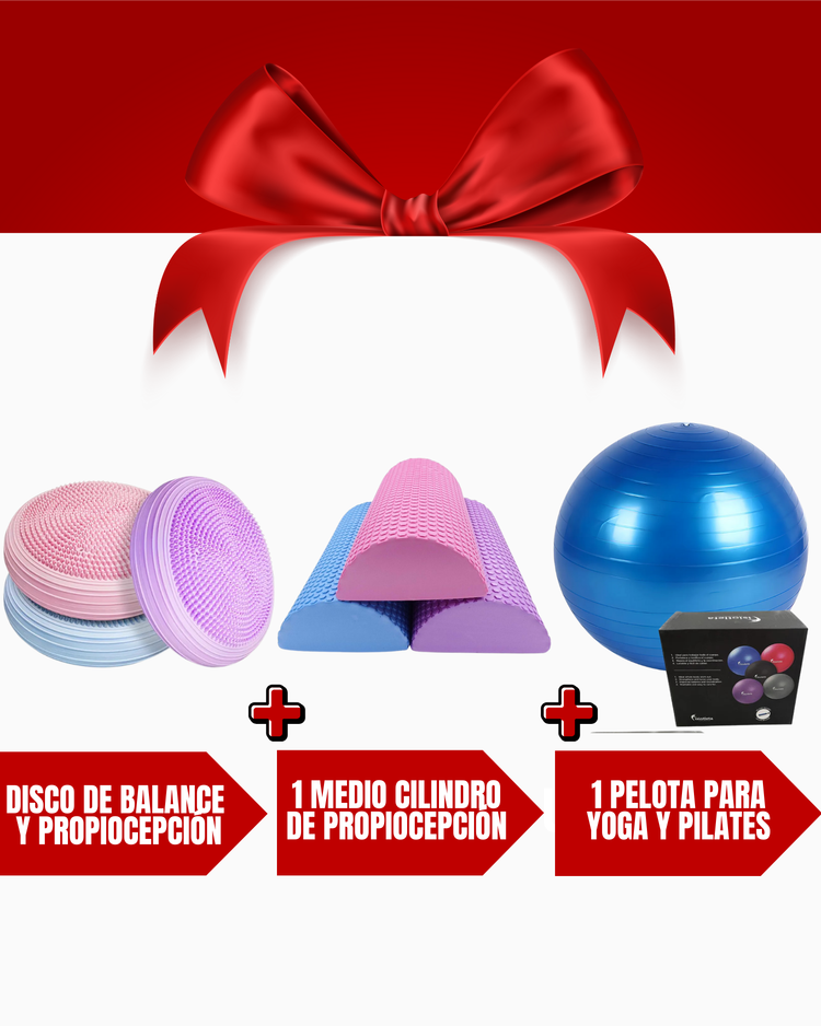 Kit de Propiocepción Fisiotleta Disco de Balance + Pelota 75 cm + Medio Cilindro tipo tronco de propiocepción