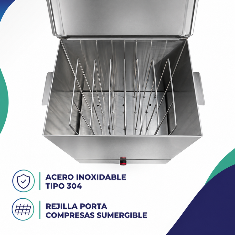 Compresero de Acero Inoxidable para 8 Compresas Calientes Incluidas | Fisioterapia y Rehabilitación Profesional