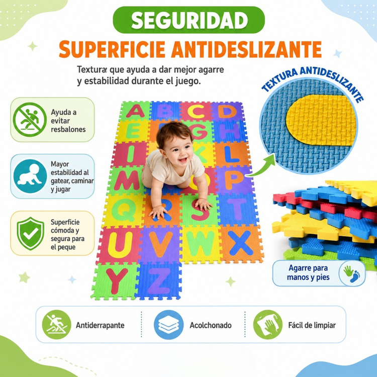 Tapete Infantil Didáctico de Foami EVA con Abecedario  26 Piezas Encastrables de 30 × 30 cm, Antideslizante y Acolchado