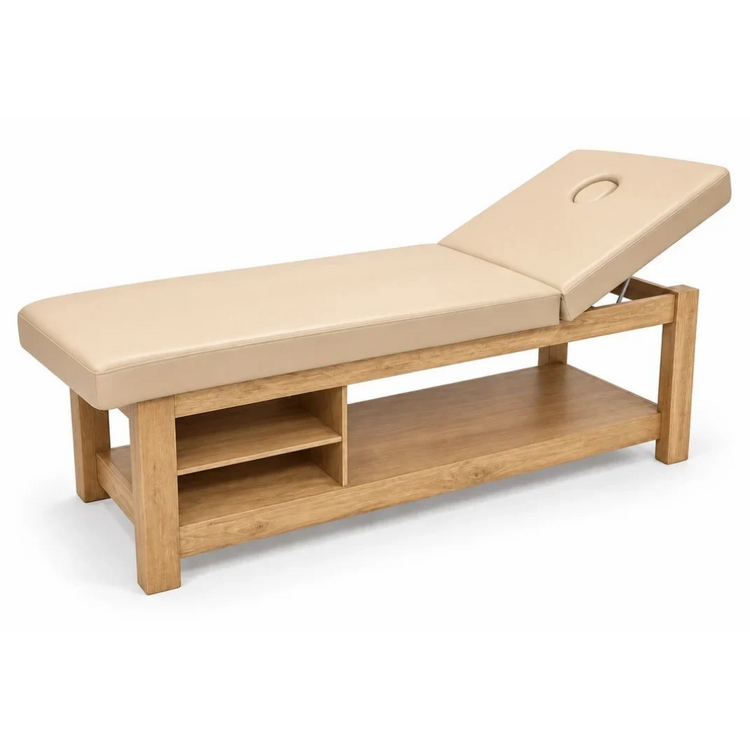 Cama para Terapia de Madera COLOR BEIGE con Respaldo Reclinable, 2 Entrepaños y Orificio Facial mesa camilla fisioterapia  190 x 61 x 80 cm