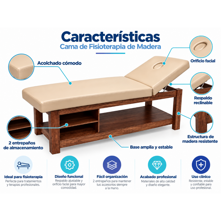 Cama para Terapia de Madera BEIGE/NOGAL con Respaldo Reclinable, 2 Entrepaños y Orificio Facial mesa camilla fisioterapia | 190 x 61 x 80 cm