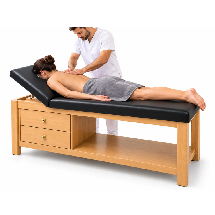 Cama de Fisioterapia de Madera con Respaldo Reclinable, Orificio Facial y 2 Cajones Camilla Profesional para Terapia y Rehabilitación