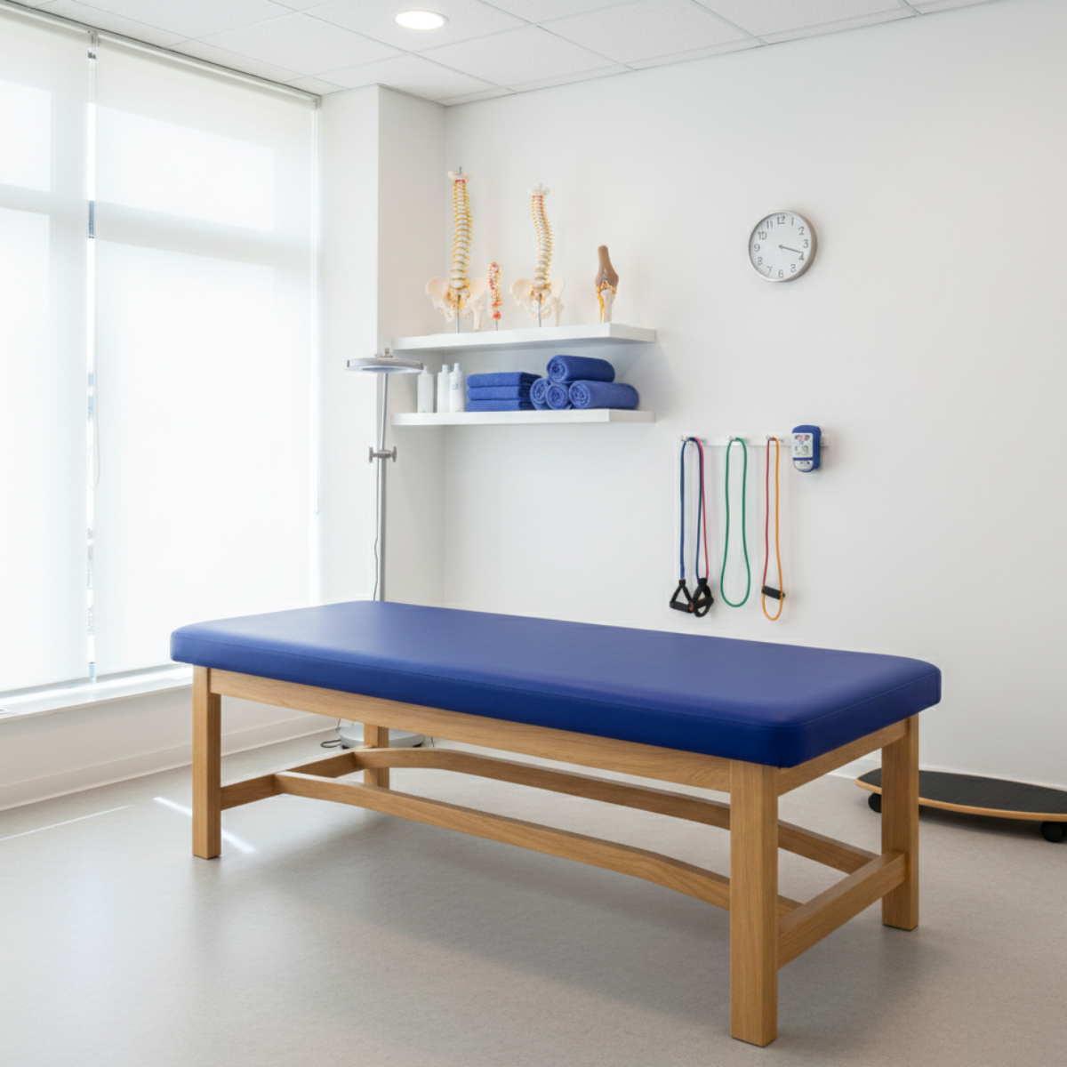 Camilla fija de madera para fisioterapia en consultorio elegante y minimalista