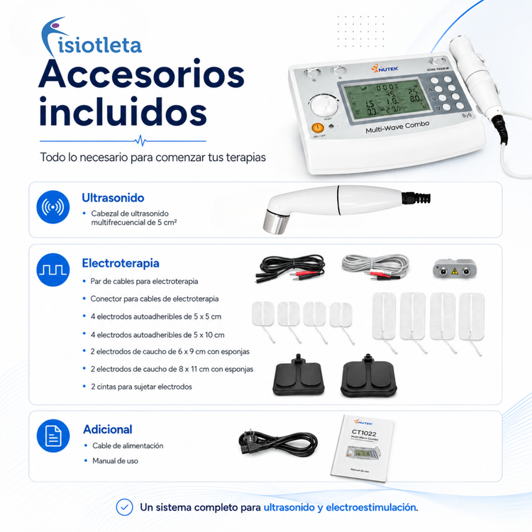 EQUIPO COMBINADO NUTEK DE DOS CANALES DE ELECTROSTIMULACION INDEPENDIENTES CON 5 FORMAS DE ONDA Y UN CANAL DE ULTRASONIDO