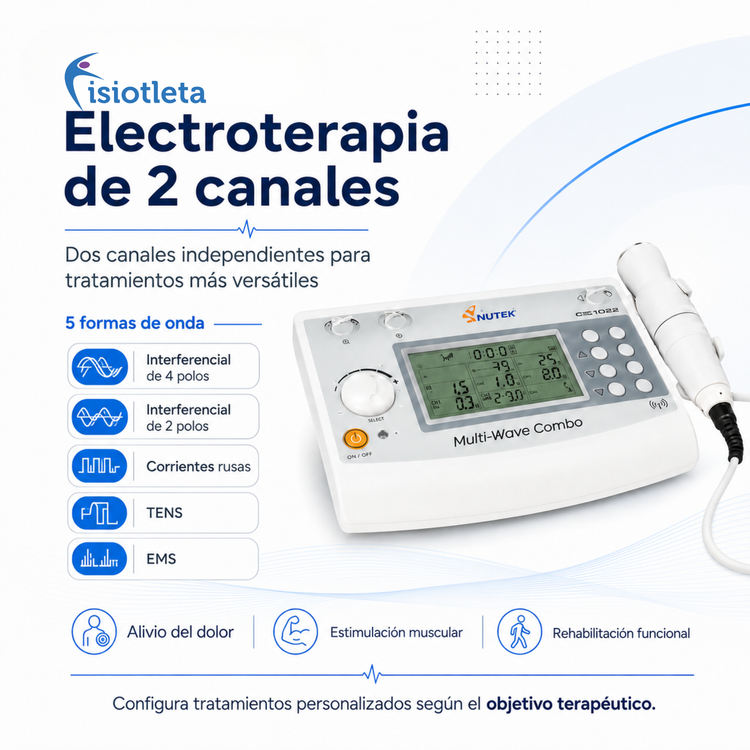 EQUIPO COMBINADO NUTEK DE DOS CANALES DE ELECTROSTIMULACION INDEPENDIENTES CON 5 FORMAS DE ONDA Y UN CANAL DE ULTRASONIDO