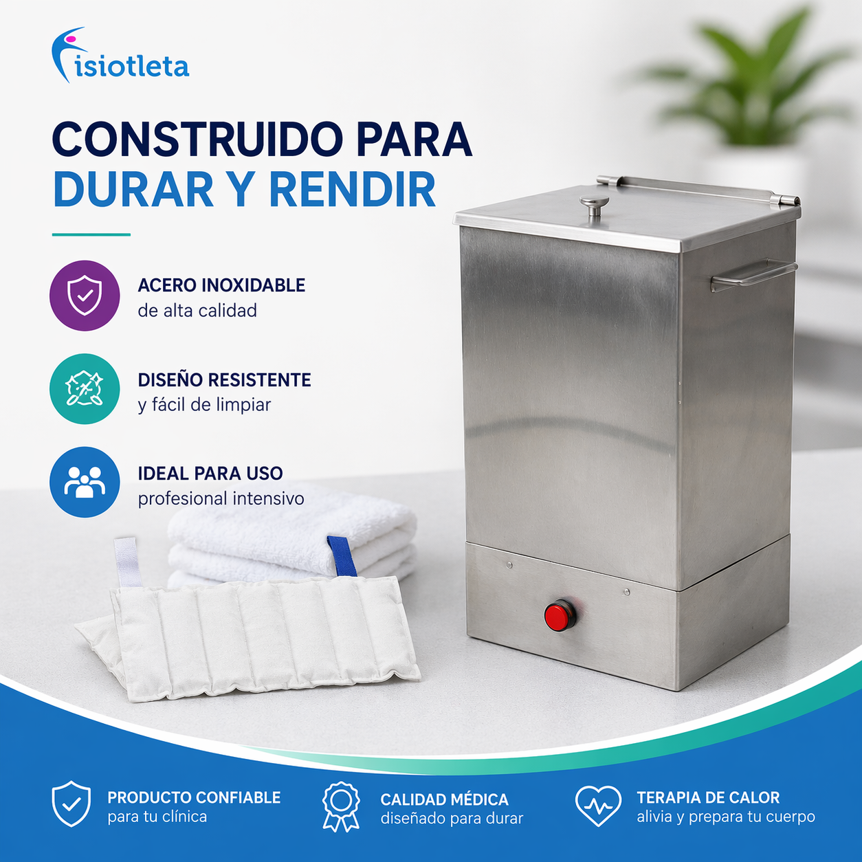 isioterapeuta aplicando compresa caliente con compresero profesional para aliviar dolor muscular